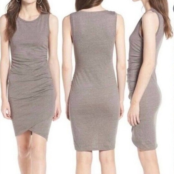 Leith Beige Sleeveless Bodycon Dress Ruched Tulip Hem Casual Everyday Size Small - Picture 2 of 8